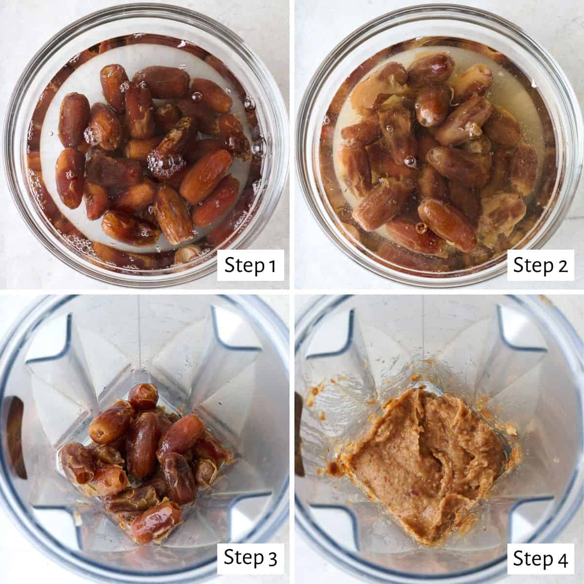 4 image collage making recipe: 1- dates in a bowl with water, 2- after soaking, 3- dates and liquid added to a blender, 4- after blending into a smooth paste.