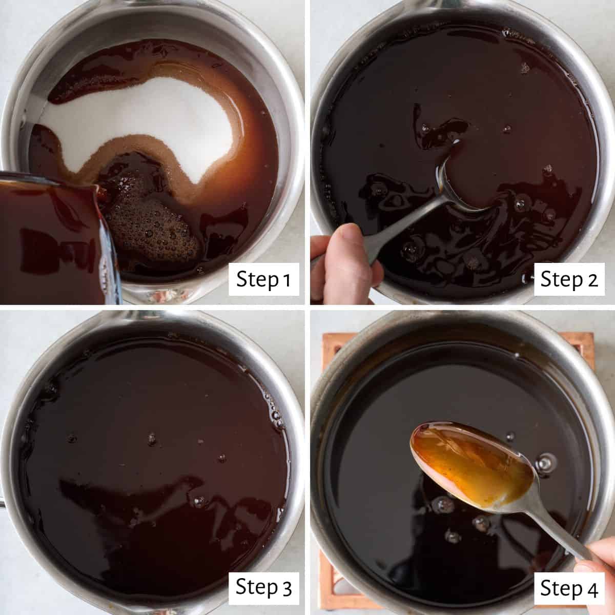 4 image collage making the recipe in a pot: 1- sugar in the pot with pomegranate juice being poured in, 2- stirring together, 3- after the sugar is dissolved, 4- after thickening into a molasses-type syrup.