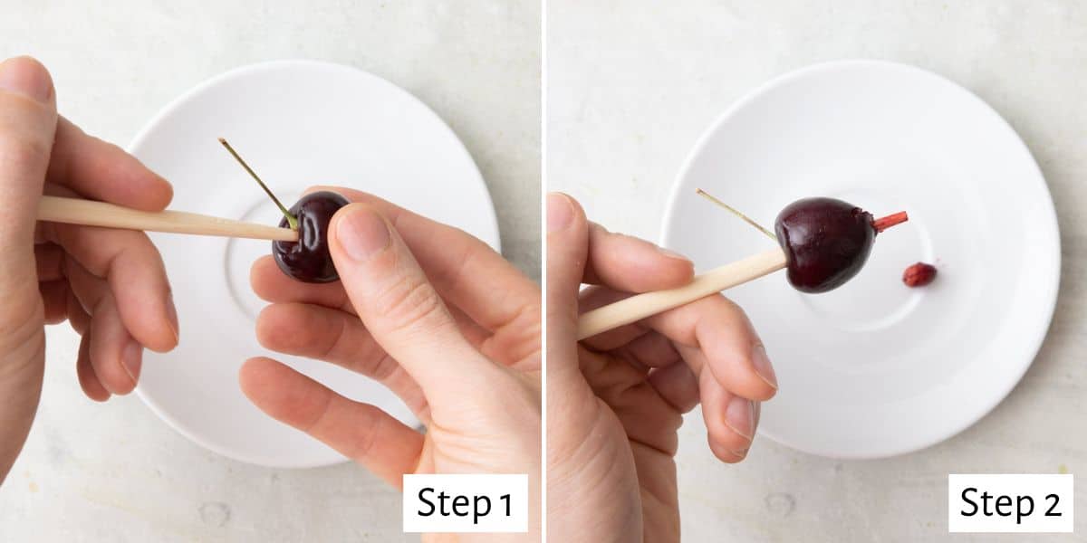 2-image collage of poke method: 1 - Hand holding a cherry over a small plate with a chopstick partially pushed through to the bottom; 2 - After pushed all the way through with the pit on the plate.