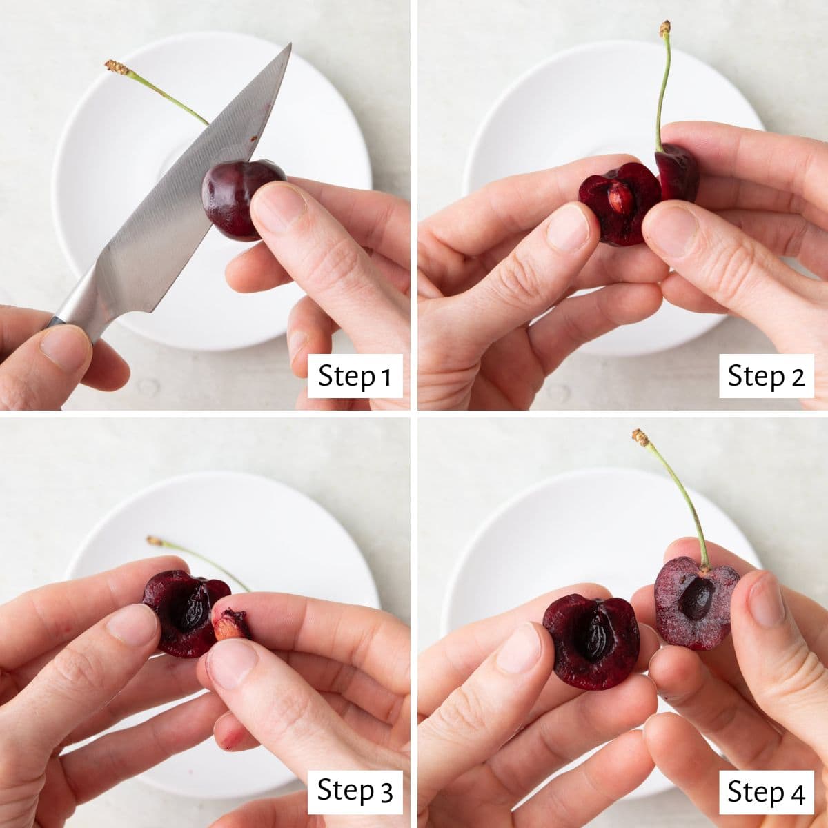 4-image collage of slice and twist method: 1 - Hand holding a cherry with a paring knife cutting around it lengthwise; 2 - Twisting the two sides; 3 - Fingers removing pit; 4 - Fingers hold cherry halved without pit.