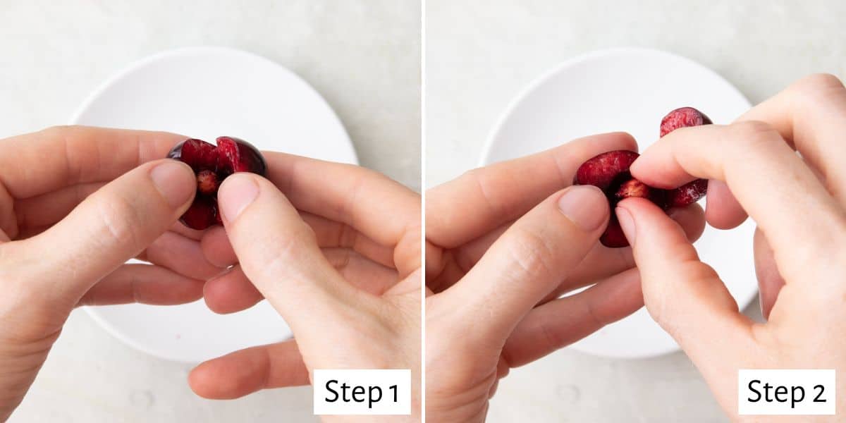 2-image collage of tear method: 1 - Fingers holding a cherry and slightly pulling it apart; 2 - Removing the pit with fingers.