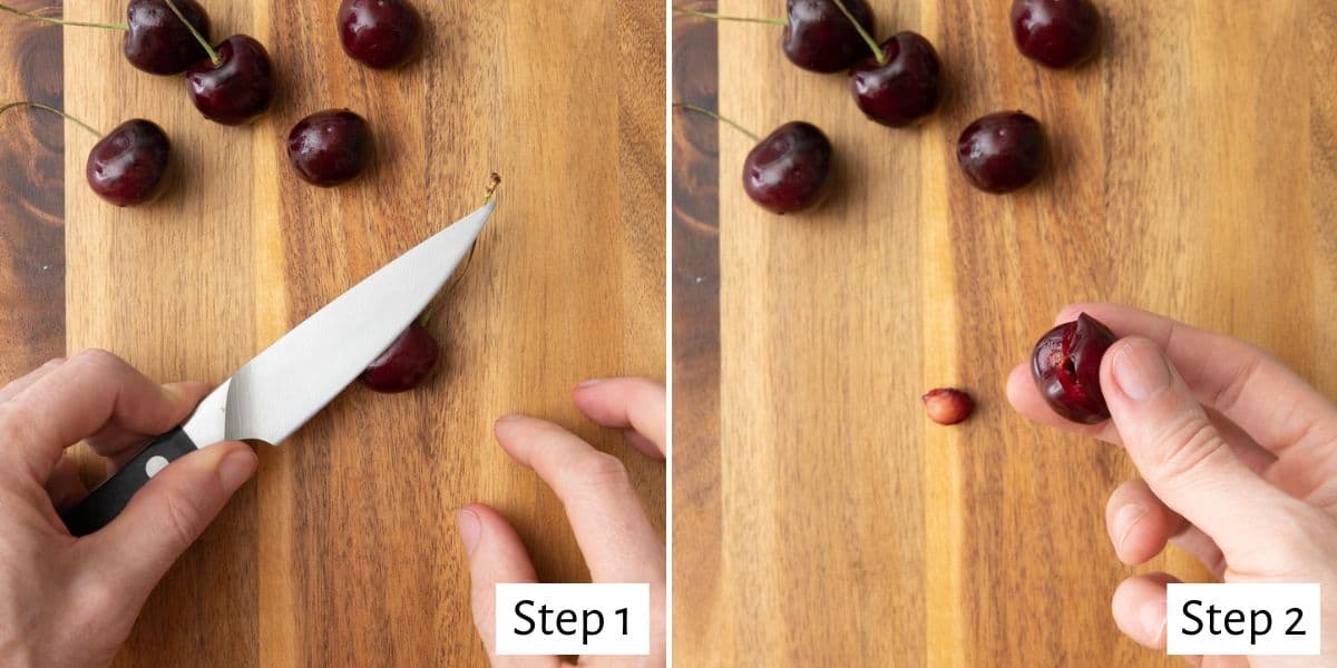 2-image collage of press method: 1 - Pressing a paring knife over a cherry sitting on a cutting board; 2 - Cherry on cutting board with pit removed sitting next to it.