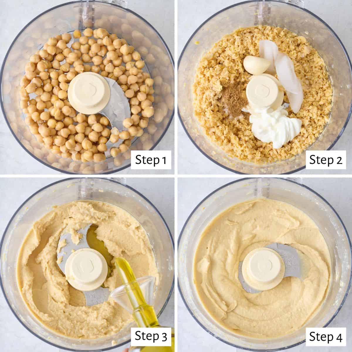 4-image collage making recipe: 1 - Rinsed and dried canned chickpeas in a food processor; 2 - After processing into breadcrumb-like texture with lemon juice, yogurt, garlic, salt, cumin, and ice cubes added; 3 - After processing with oil being drizzled in from above; 4 - After blended smooth.
