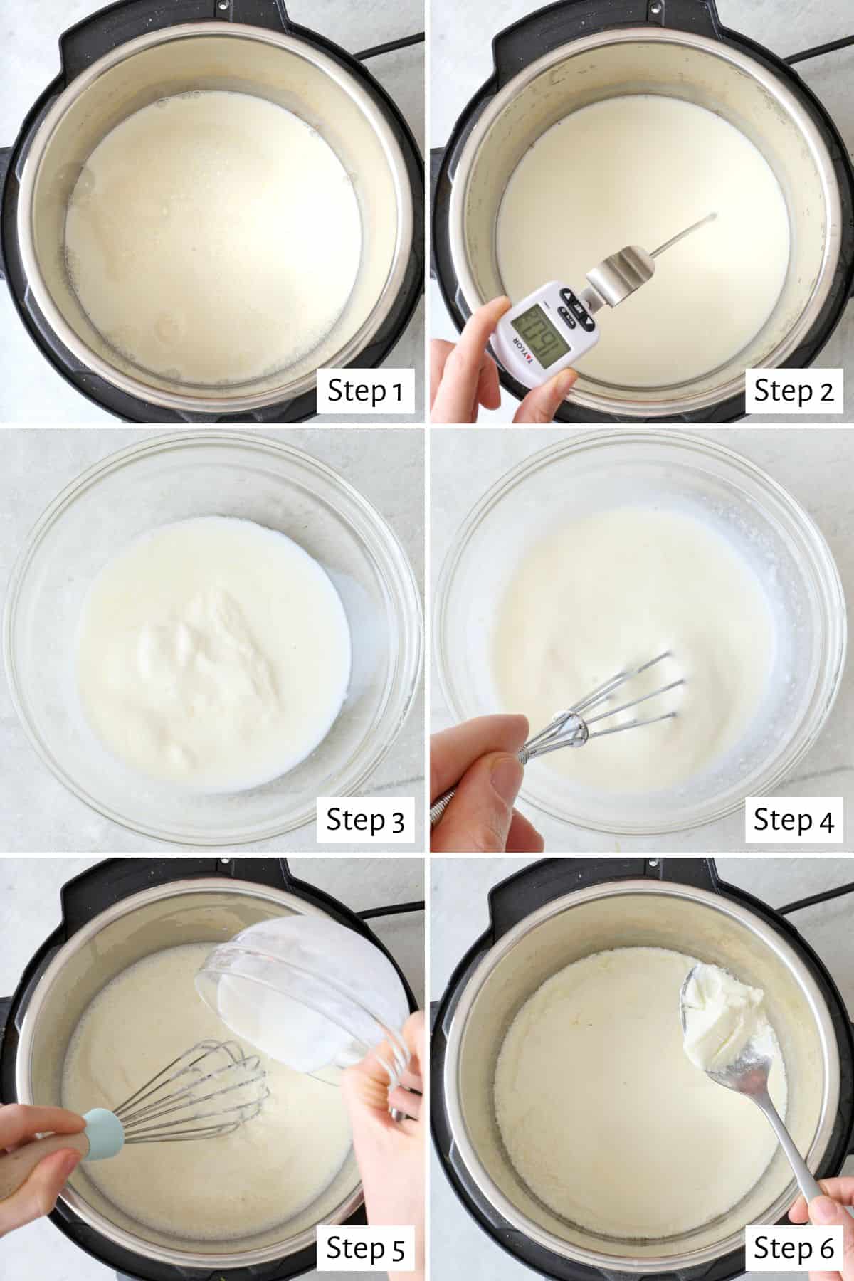 6-image- collage making yogurt: 1 - Milk in the Instant Pot; 2 - After milk has gently boiled with thermometer inside to show temperature; 3 - Yogurt in a small bowl with a small amount of cooled milk before mixing; 4 - Mixing yogurt and milk; 5 - Whisking yogurt into cooled milk in the Instant Pot; 6 - Spoon skimming some yogurt from the top after yogurt has fermented for 8 hours.