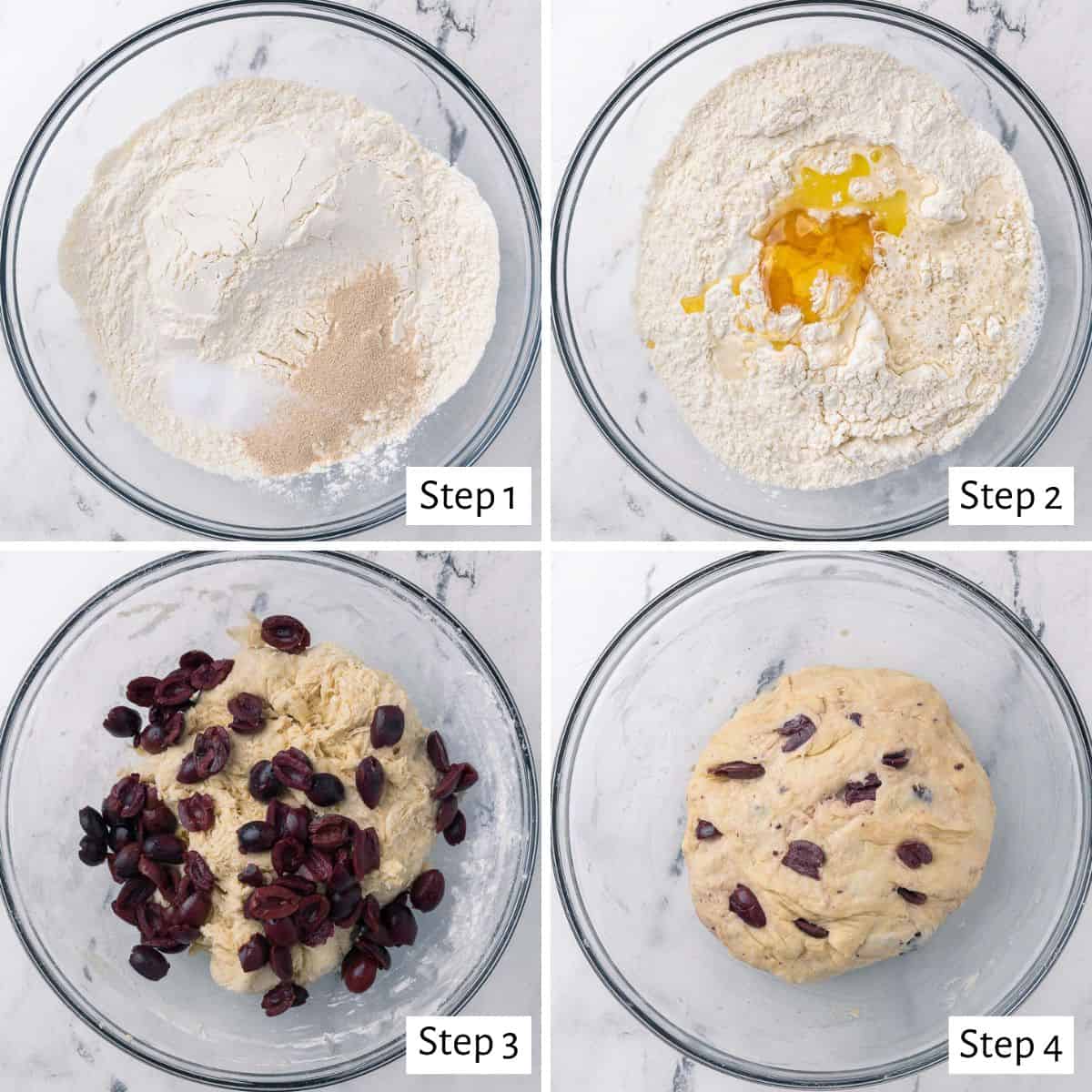 4-image collage making the dough: 1 - Bread flour, yeast, and salt in a bowl; 2 - Warm water, oil, and honey added, before mixing; 3 - After combining until a slightly shaggy, sticky dough forms with chopped olives sprinkled on top; 4 - After olives have been incorporated throughout, in the oiled bowl before the first rise.