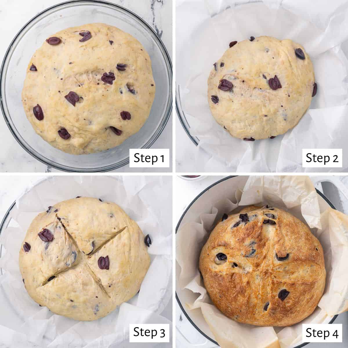 4-image collage of dough rising: 1 - After the dough has doubled in size; 2 - After the dough is shaped into a smooth ball and set on a parchment-lined bowl; 3 - After the second rise with a cross-hatch cut into the top; 4 - After baking.