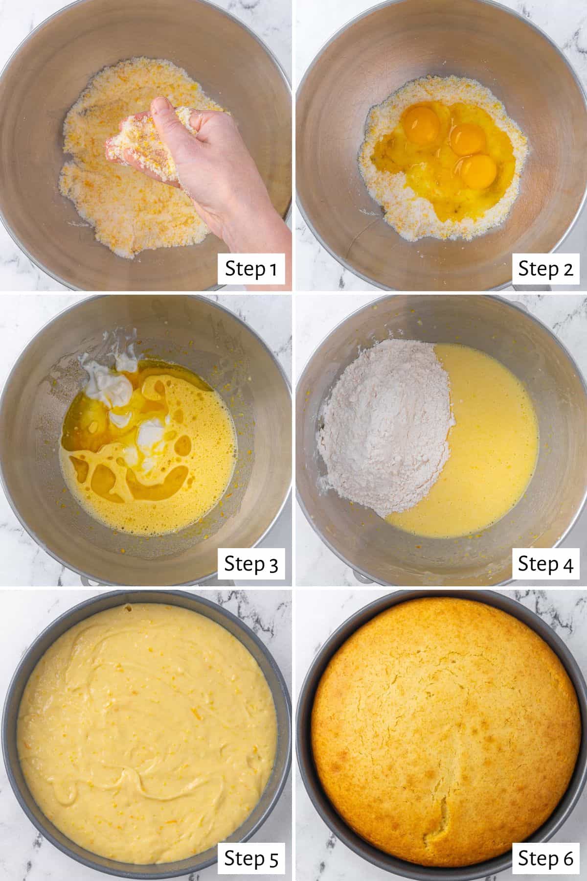 6-image collage making the cake batter: 1 - Hands massaging orange zest and sugar in the bowl of a stand mixer; 2 - Eggs added before mixing; 3 - After mixing until light and fluffy with oil, yogurt, and orange juice added; 4 - After mixing with dry mixture added on top of wet; 5 - Cake batter in prepared cake pan before baking; 6 - After baking.