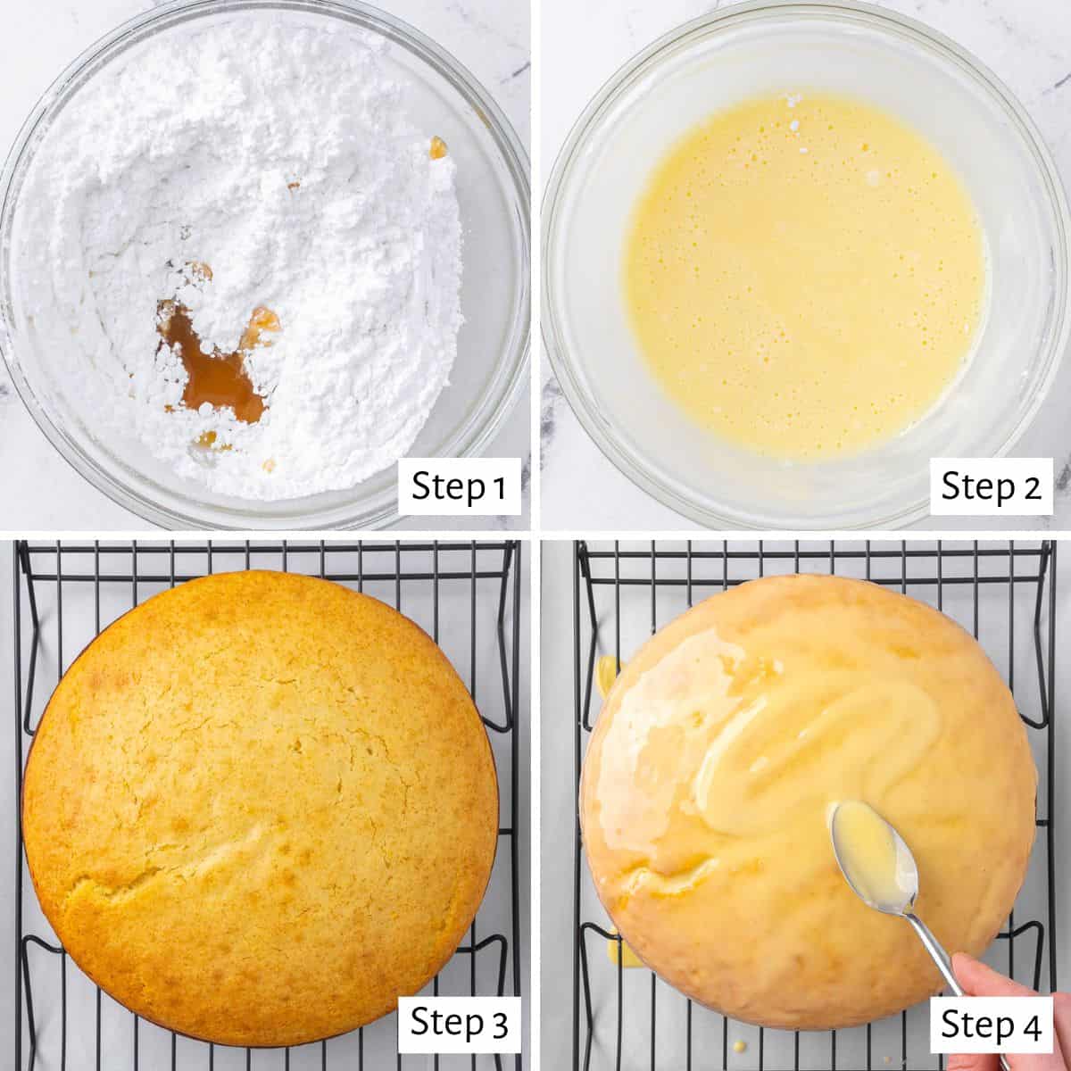 4-image collage making glaze: 1 - Orange juice, powdered sugar, and vanilla in a bowl before whisking; 2 - After whisking; 3 - Baked cake on a wire rack; 4 - Spreading glaze onto cake.