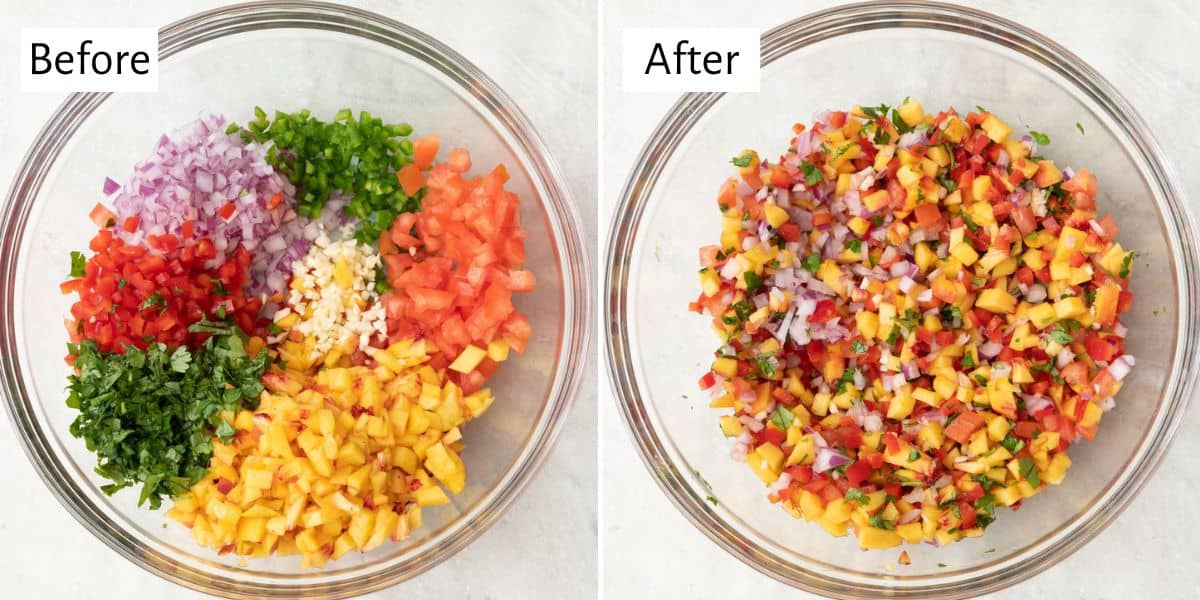 2-image collage mixing salsa: 1 - Chopped ingredients in a mixing bowl; 2 - After mixing.