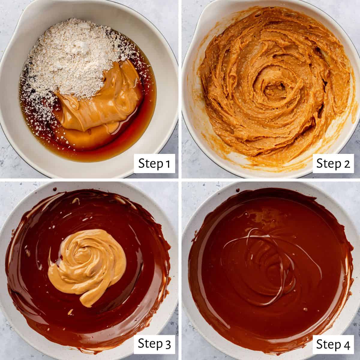 4-image collage of mixing ingredients: 1 - Peanut butter, oat flour, and syrup in a bowl before mixing; 2 - After mixing; 3 - Chocolate after melting with peanut butter added; 4 - After mixing.