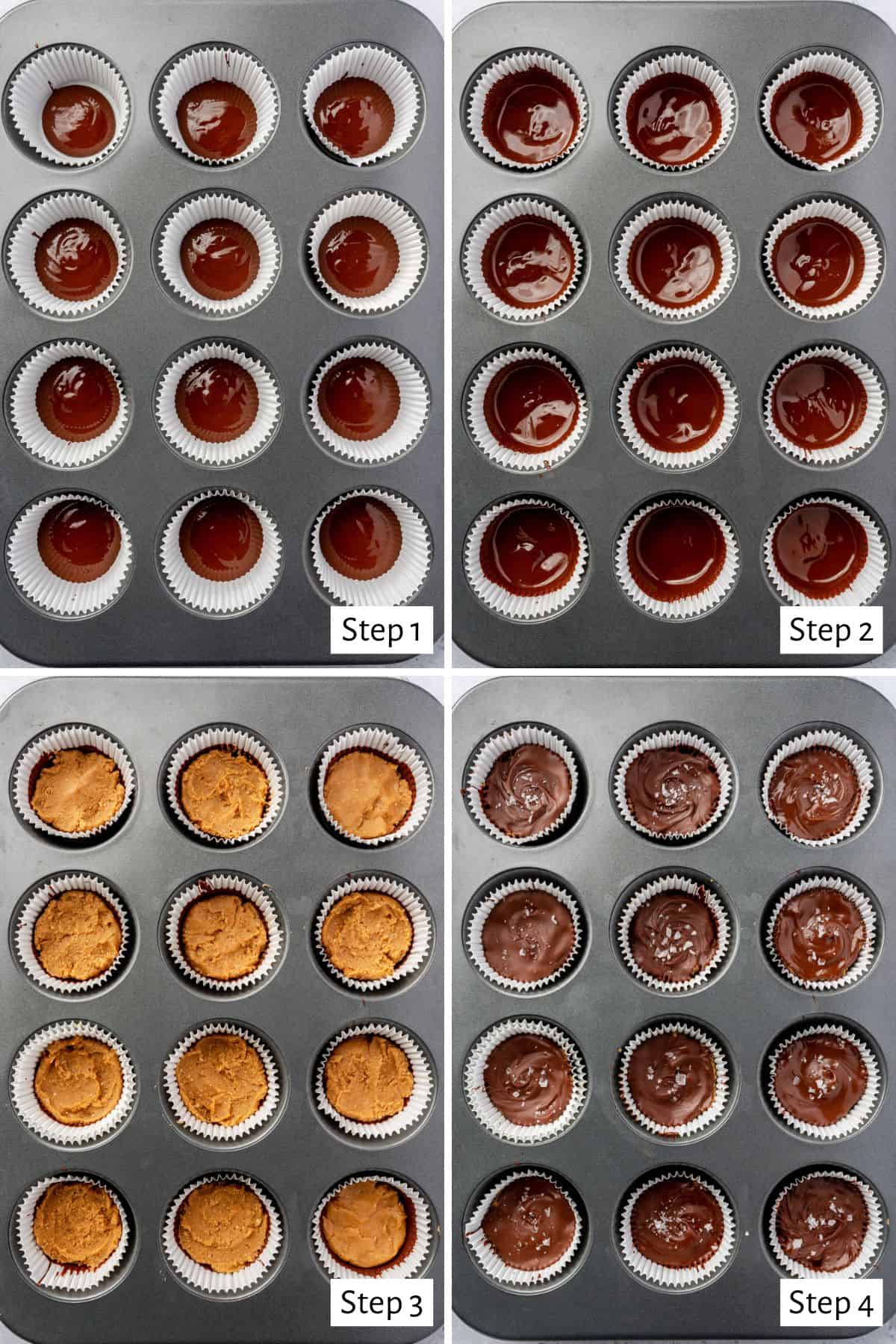 4-image collage of muffin tins: 1 - Chocolate added to paper liners; 2 - Chocolate brushed evenly into paper liners; 3 - Chocolate after peanut butter added and smoothed evenly; 4 - Chocolate added on top before setting.