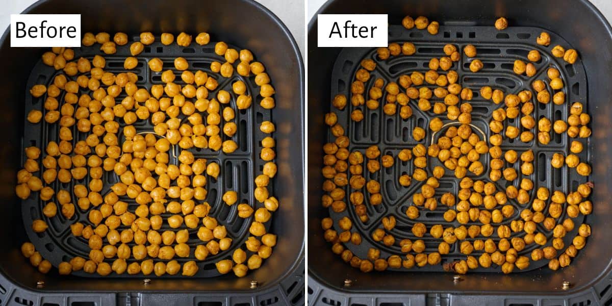 2 image collage of seasoned chickpeas in an air fryer basket before and after air frying.