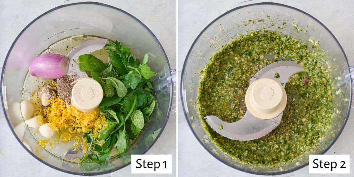 2-image collage making paste: 1 - Shallot, garlic, parsley, mint, oil, salt, and pepper in the bowl of a food processor before processing; 2 - After processing into a smooth paste.