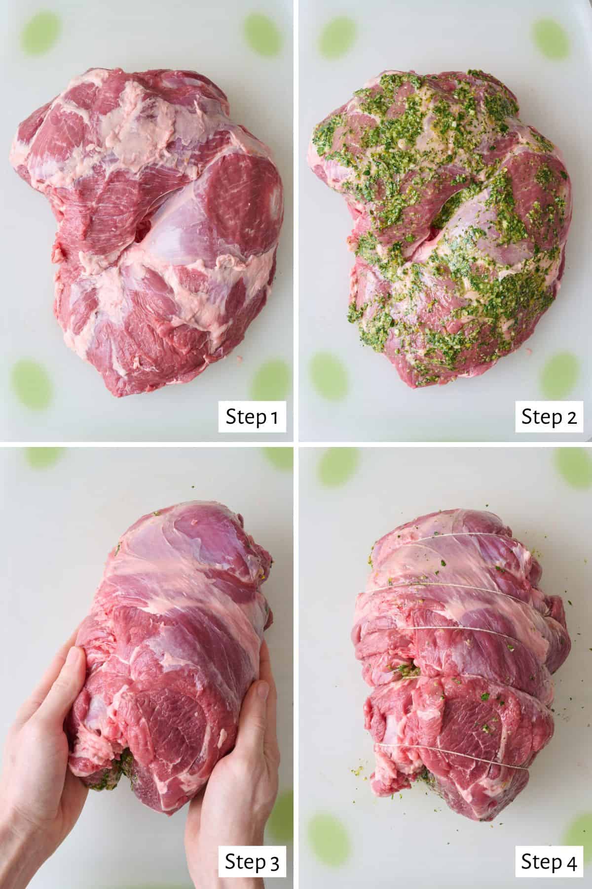 4-image collage preparing lamb: 1 - Lamb unrolled with inside facing up on a cutting board; 2 - After rubbing half of the paste inside; 3 - Rolling back up into a tight roulade; 4 - After adding twine.