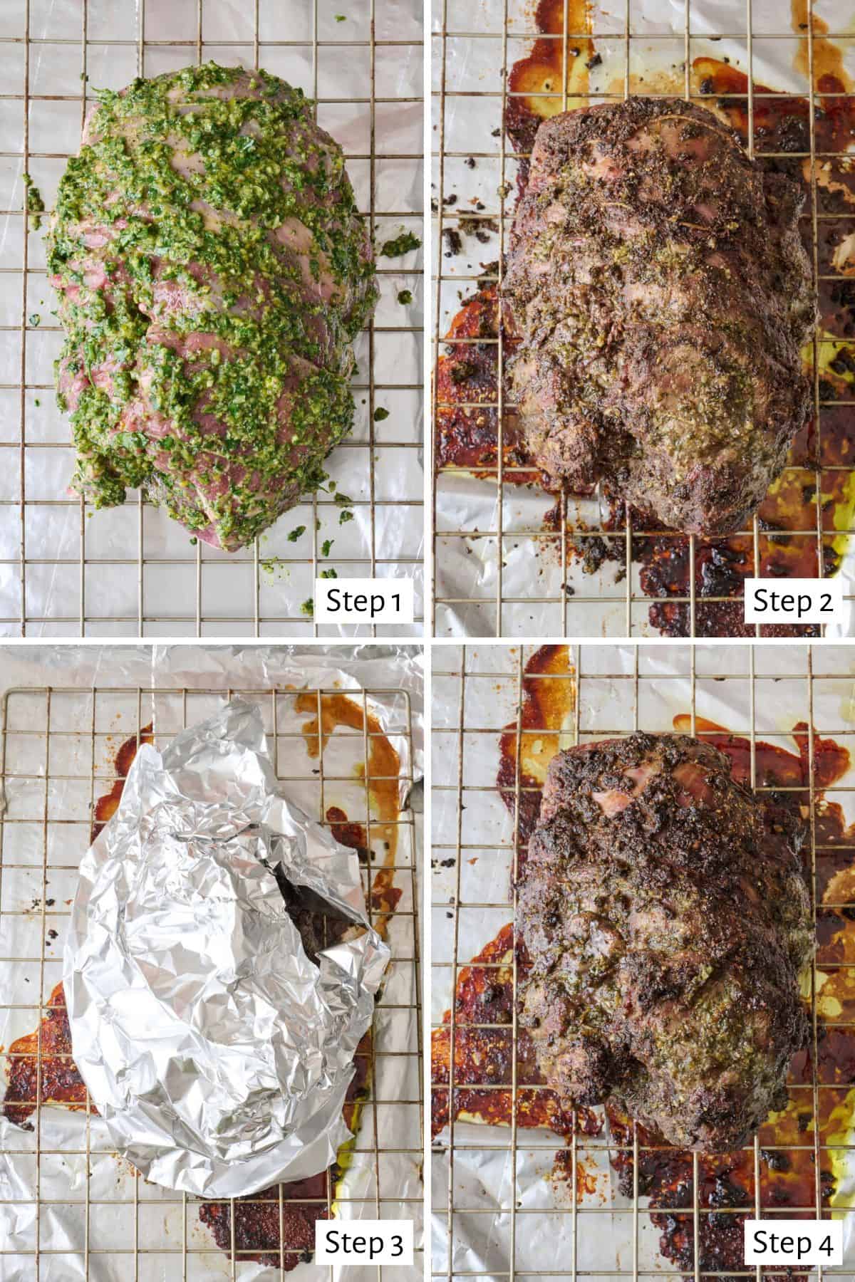 4-image collage roasting lamb: 1 - Roast before cooking with remaining paste rubbed over the outside; 2 - After cooking; 3 - Roast tented with foil; 4 - After browning.