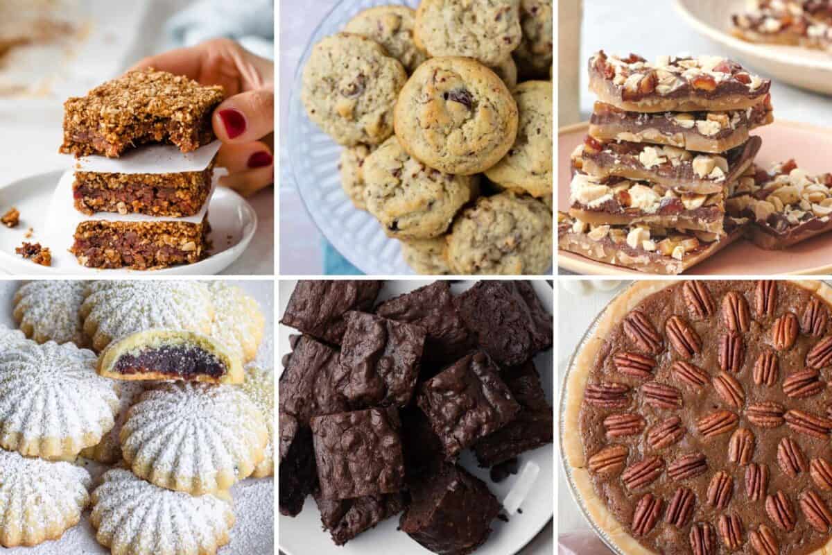 6 image collage of dessert recipes made with dates.