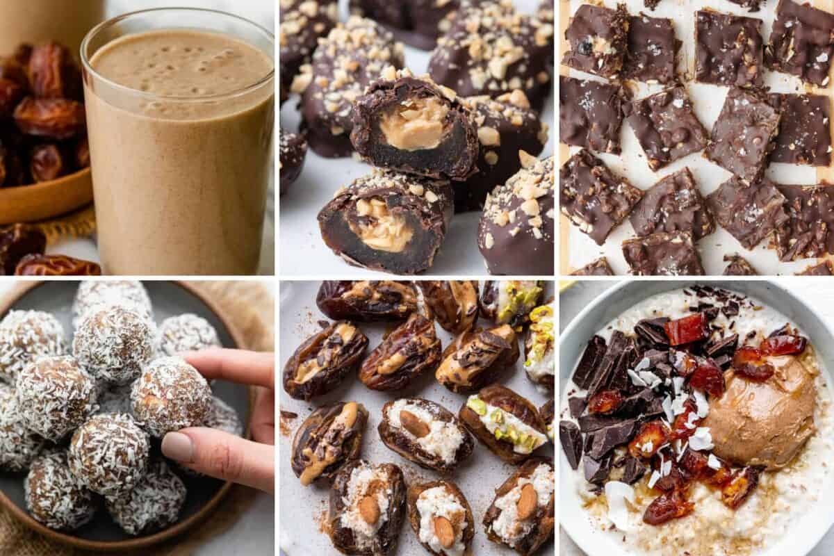 6 image collage of simple recipes made with dates.