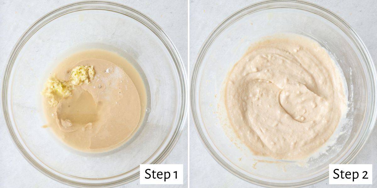 2-image collage making the tahini sauce: 1 - Tahini paste in a small bowl with lemon juice, garlic, and salt before mixing; 2 - After combined with water.