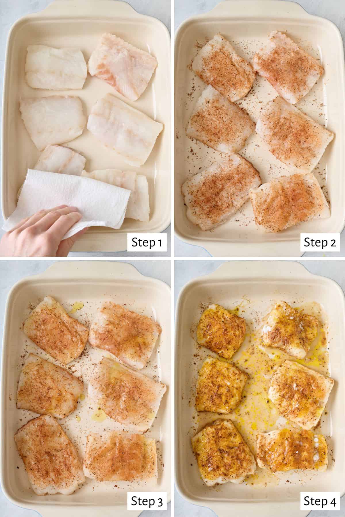 4-image collage preparing the fish: 1 - Cod fillets in a baking dish with paper towels patting them dry; 2 - After seasoning with cumin, salt, pepper, and cayenne pepper on both sides; 3 - After coating with oil; 4 - After baking.