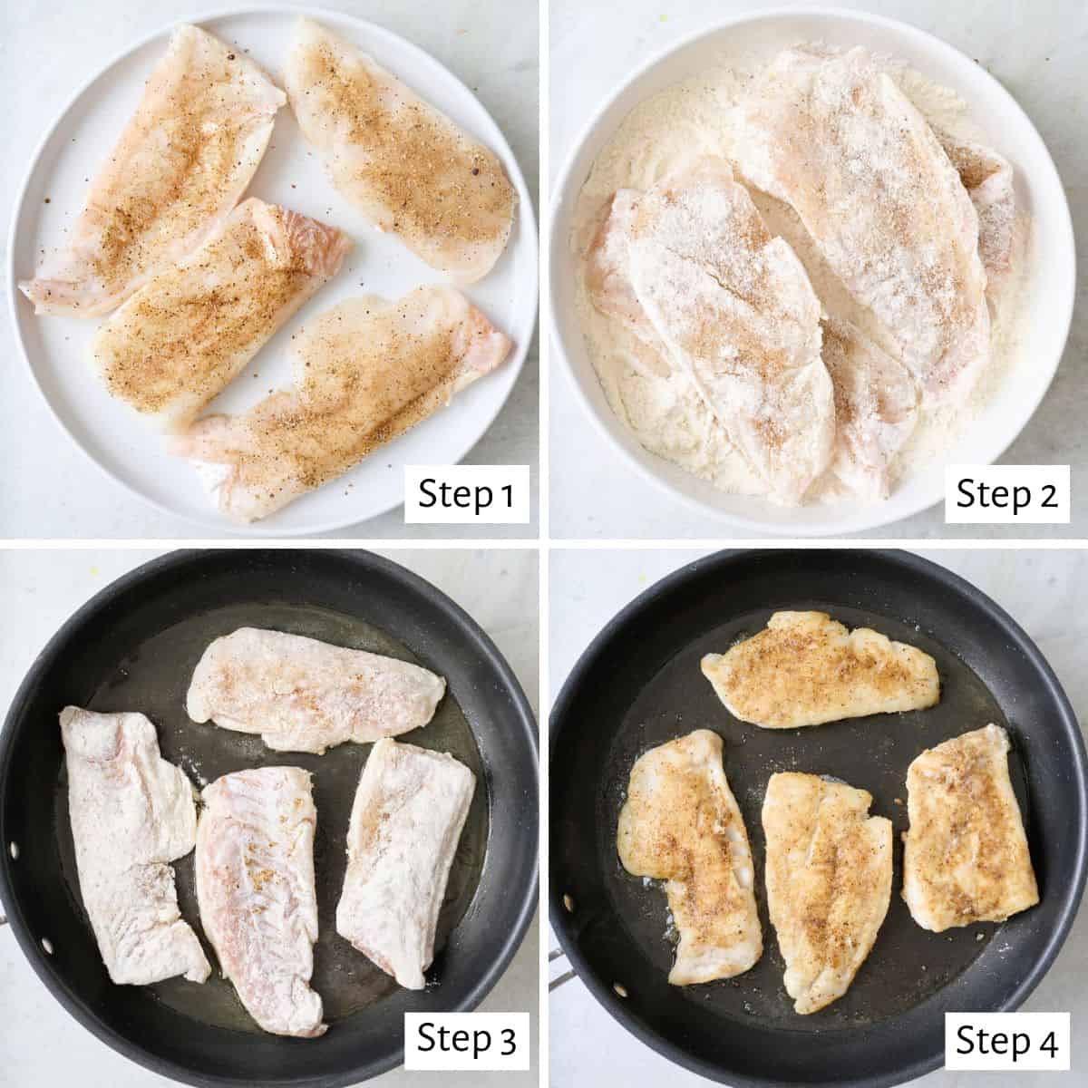 4 image collage making recipe: 1- seasoned fish on a plate, 2- fish tossed in flour, 3- floured fish on an oiled skillet, 4- fish after flipping.