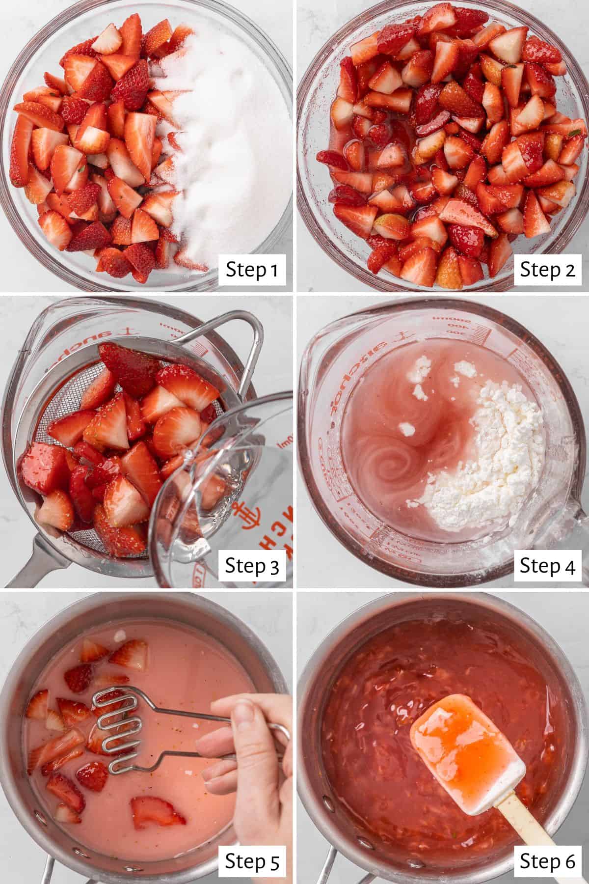 6-image collage of prepping the filling: 1 - Quartered strawberries in a bowl with sugar added; 2 - Strawberries after tossed with sugar and rested; 3 - Strawberries over a sieve with water being poured over; 4 - Strawberry juice in a measuring cup with cornstarch added; 5 - Sauce with cornstarch combined in a pot with ¼ cup quartered strawberries and a potato masher mashing them; 6 - After thickening with a rubber spatula.