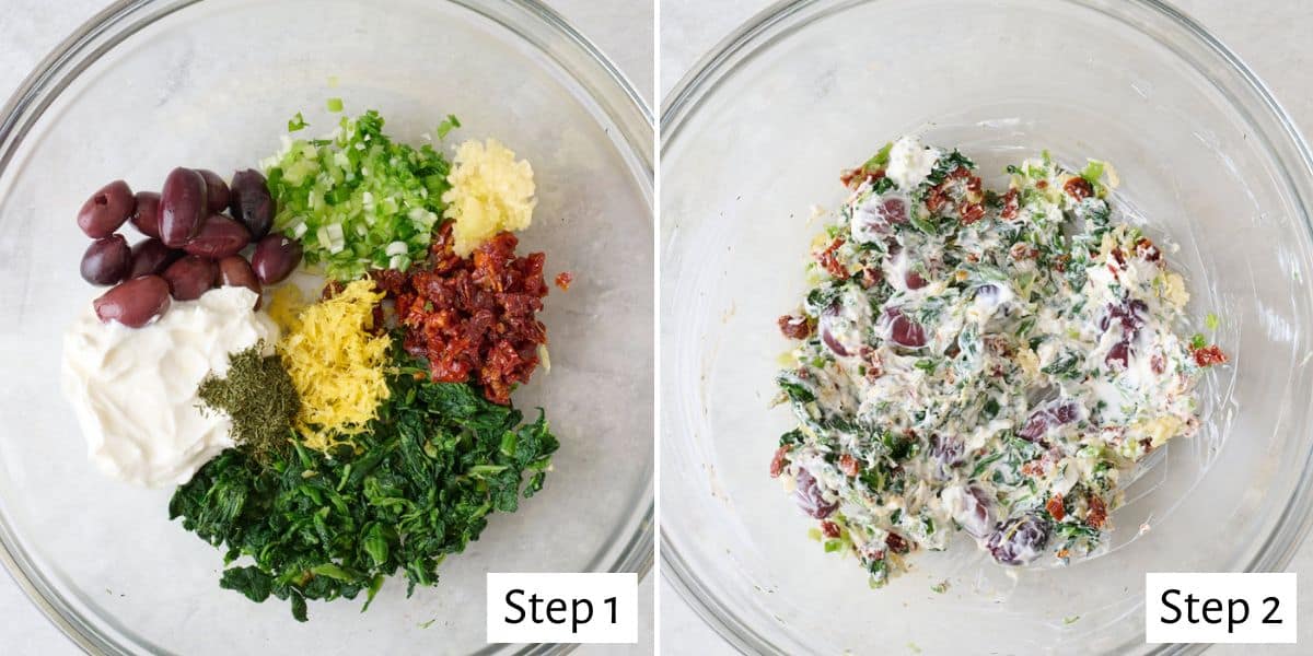2-image collage: 1 - Greek yogurt, sun-dried tomatoes, spinach, olives, garlic, dill, and zest in a bowl before mixing; 2 - After mixing.