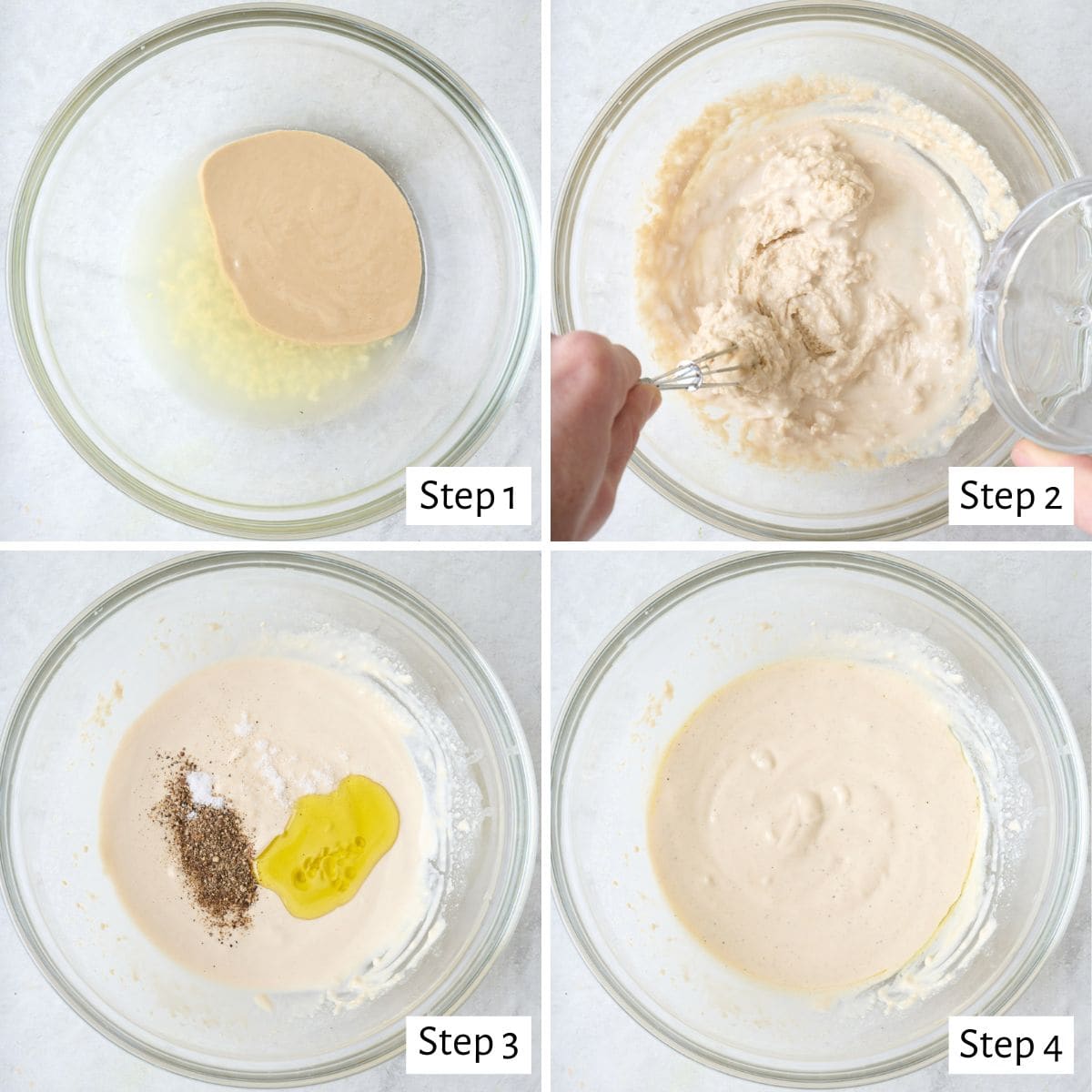 4 image collage making recipe: 1- tahini, lemon juice, and garlic in a bowl, 2- whisking together while adding water, 3- seasoning and oil added before mixing, 4- after mixing.