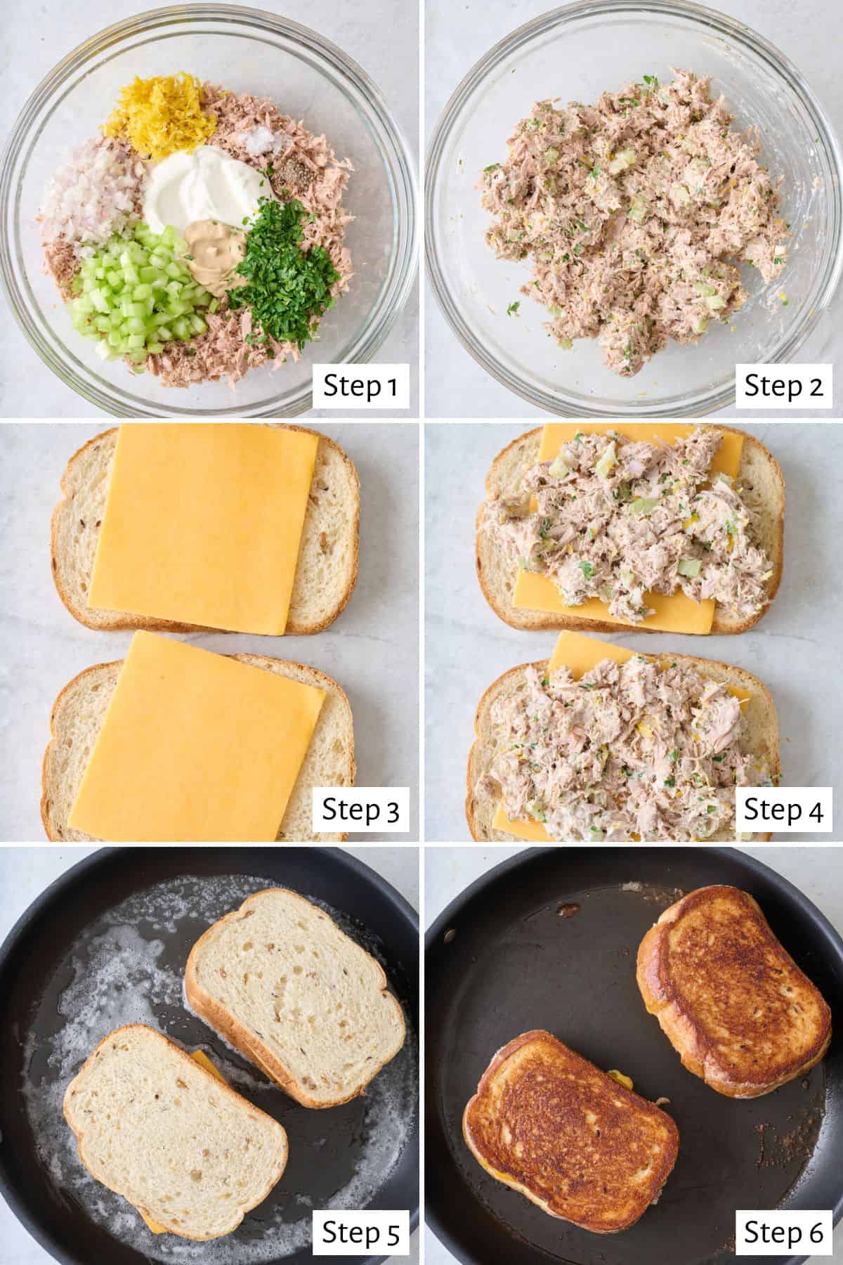 6 image collage making recipe: 1- ingredients in a bowl before mixing, 2- after mixing, 3- two slices of bread with sliced cheese, 4- tuna salad added to both sides, 5- two sandwiches in a skillet, 6- after flipping.