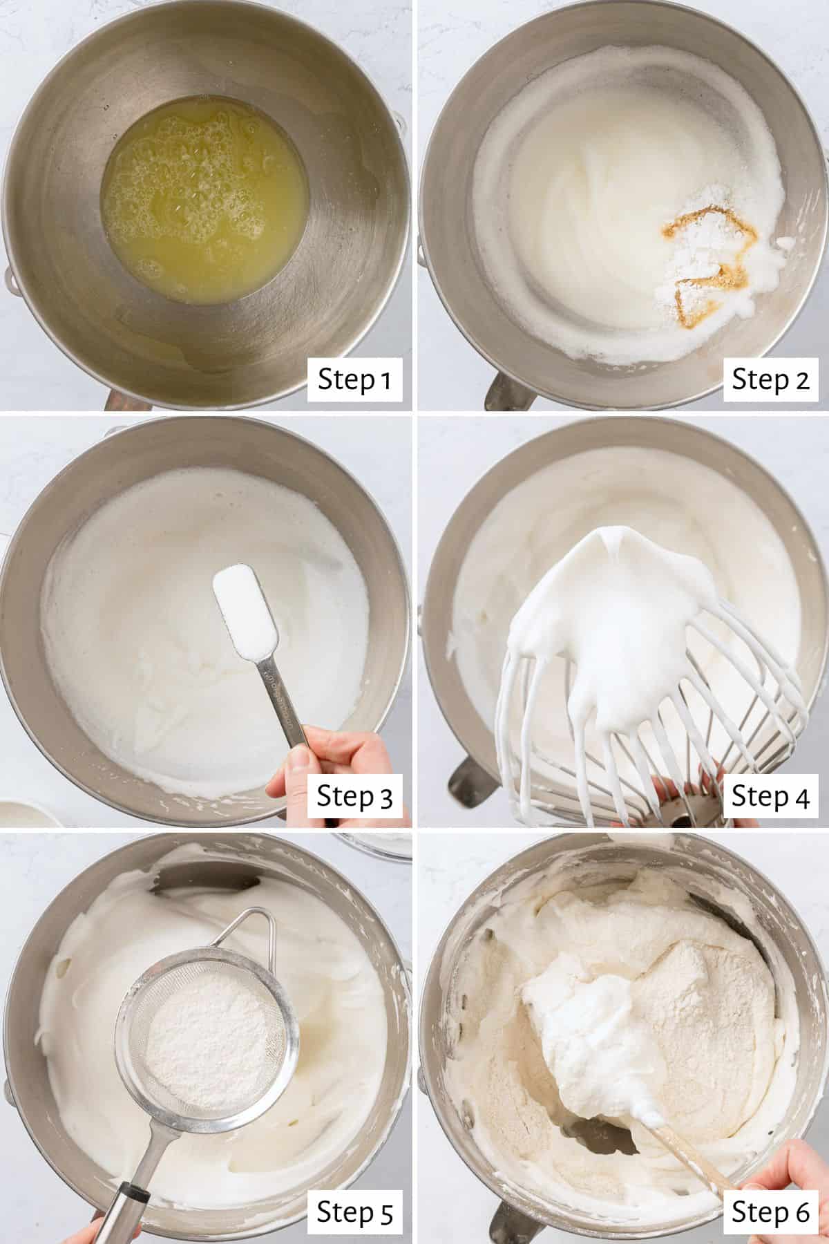 6 image collage making recipe the bowl of a stand mixer: 1- egg whites in the bowl, 2- after beating until frothy with cream of tartar and vanilla added, 3- sugar being added, 4- whisk with stiff, glossy peaks on it, 5- sifter over egg whites, sifting in flour mixture, 6- folding flour and egg whites together.