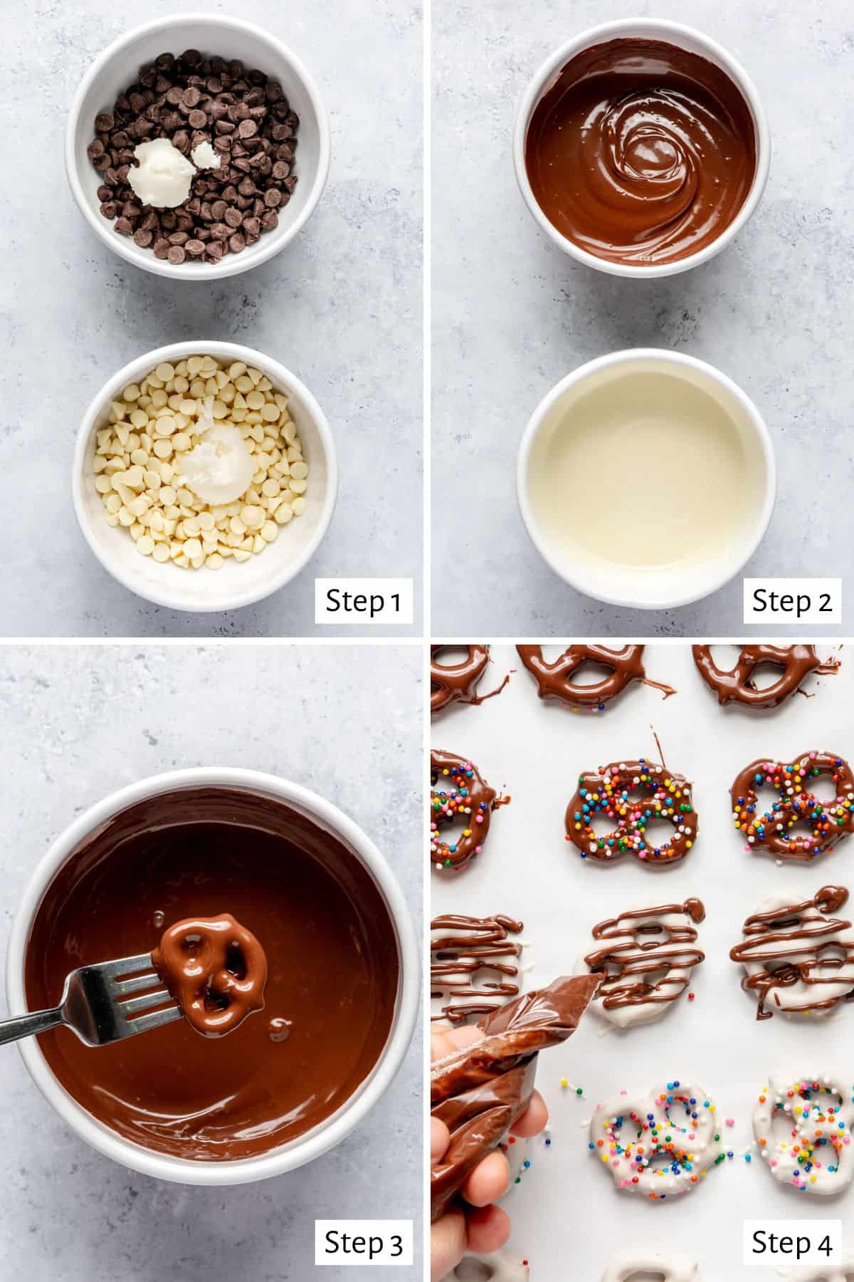 4-image collage making recipe: 1 - Semi-sweet chocolate and white chocolate chips in individual bowls with coconut oil before melting; 2 - Both bowls after melted and smooth; 3 - Dipping a pretzel in semi-sweet chocolate; 4 - Drizzling chocolate on top of a pretzel using a zip top bag.