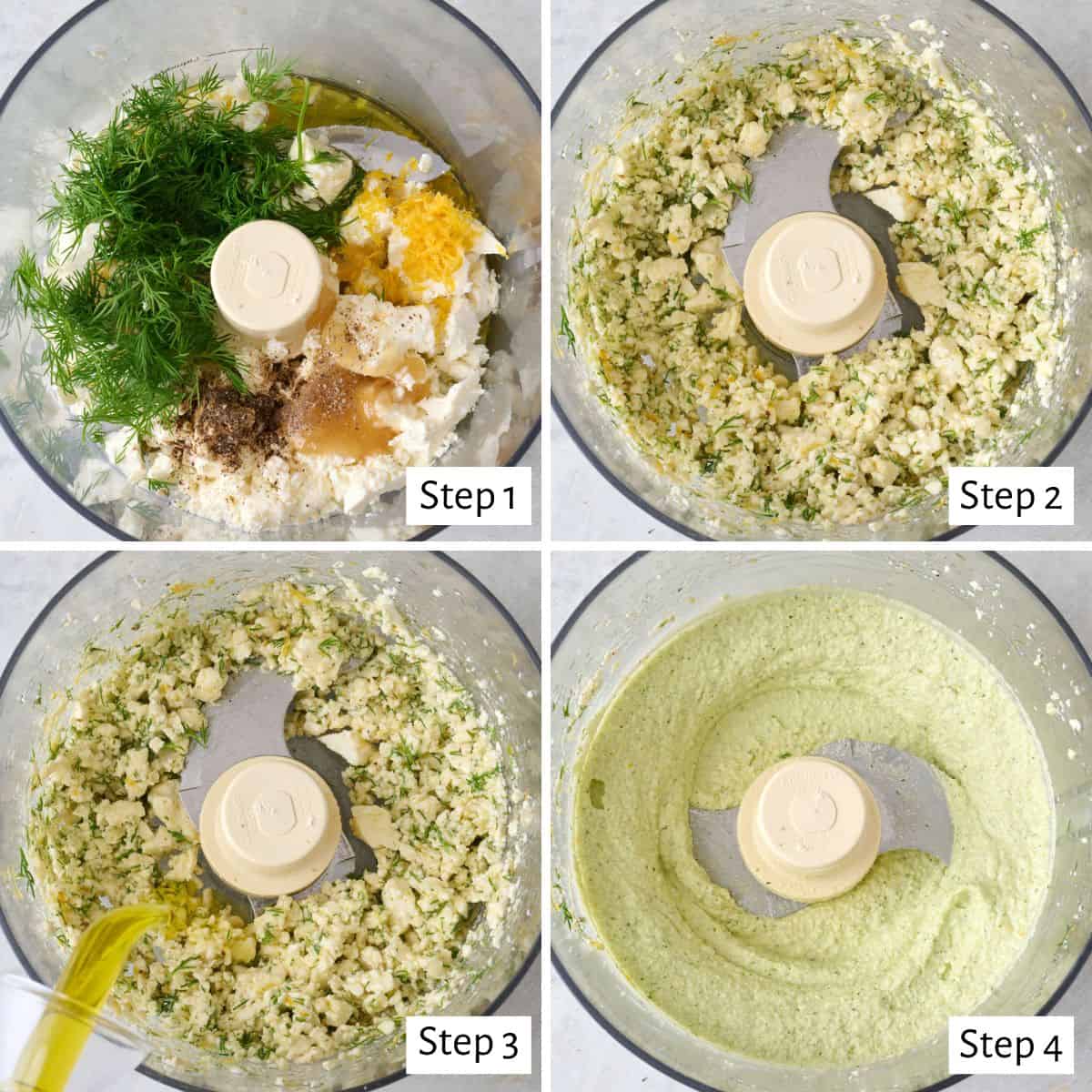 4-image collage making whipped feta: 1 - Dip ingredients in a food processor before processing; 2 - After pulsing a few times; 3 - Adding oil; 4 - Dip after completely smooth.