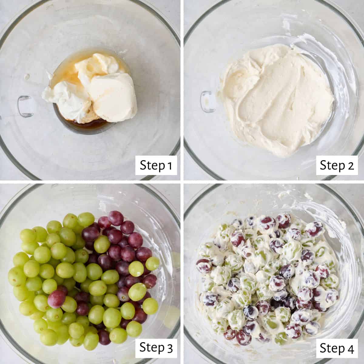 4-image collage making recipe: 1 - Cream cheese, yogurt, honey, and vanilla before mixed; 2 - After mixed; 3 - Grapes added on top; 4 - Grapes folded with the cream cheese mixture.