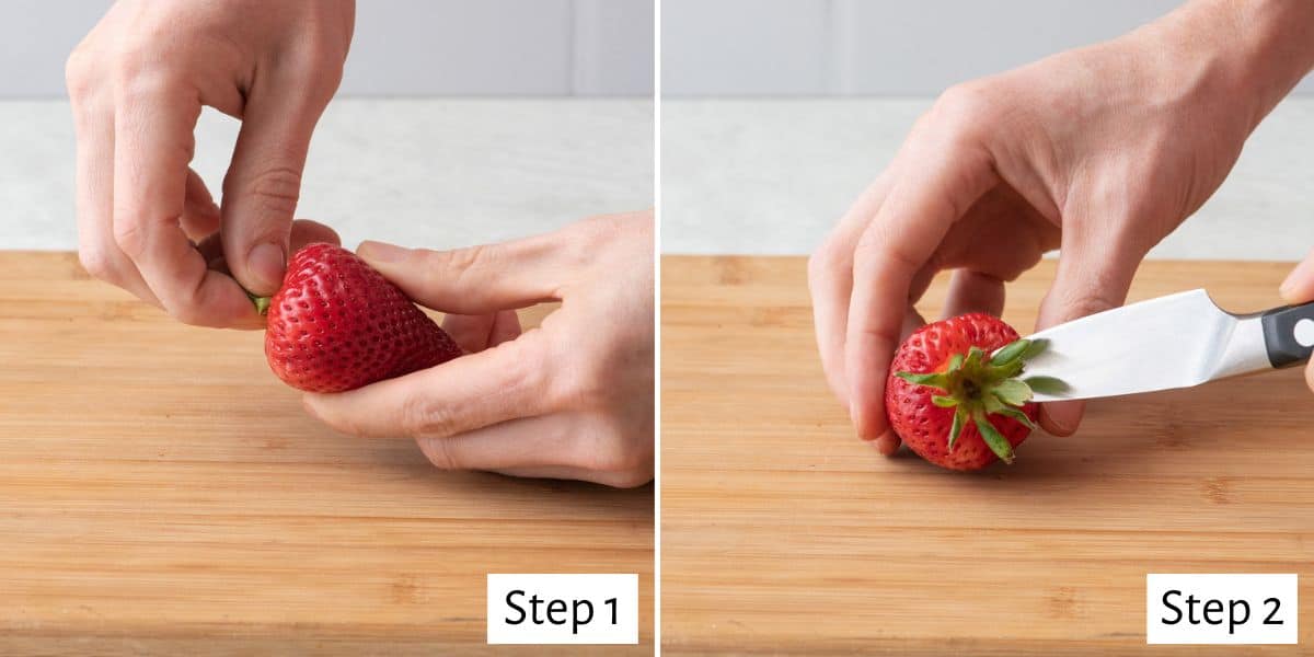 2-image collage of removing strawberry tops: 1 - Hand pinching off the green top of strawberry; 2 - Paring knife removing green top from another strawberry.