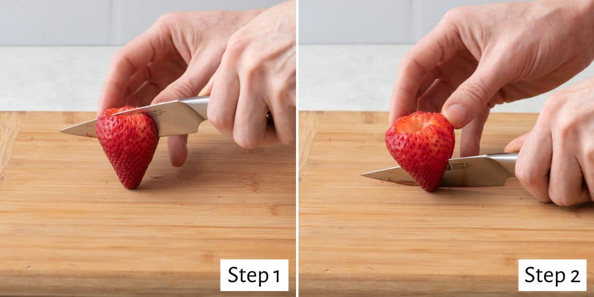 2-image collage of halved strawberry: 1 - Whole strawberry with the stem removed on a cutting board with a knife just about to slice it in half vertically from top to bottom; 2 - Strawberry cut in half on cutting board.