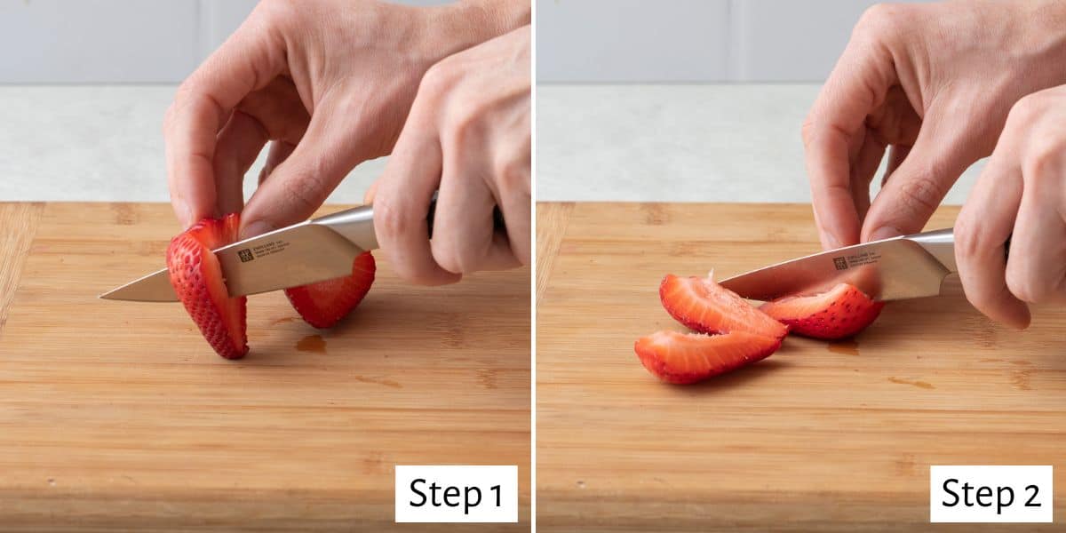 2-image collage of quartered strawberry: 1 - Halved strawberry rotated with a knife cutting it into quarters; 2 - Hand cutting final quarter.