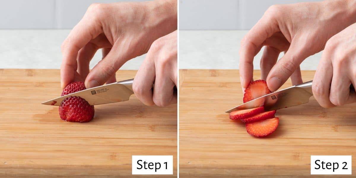 2-image collage of sliced strawberry: 1 - Hand slicing strawberry half with flat side face down on cutting board; 2 - Strawberry after slicing all the way through with the knife.