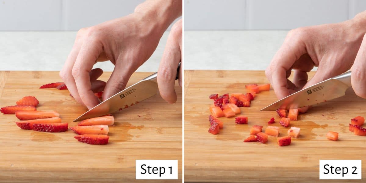 2-image collage of diced strawberry: 1 - Sliced strawberries on a cutting board with a knife cutting them into strips; 2 - Strawberry strips being cut into dices.