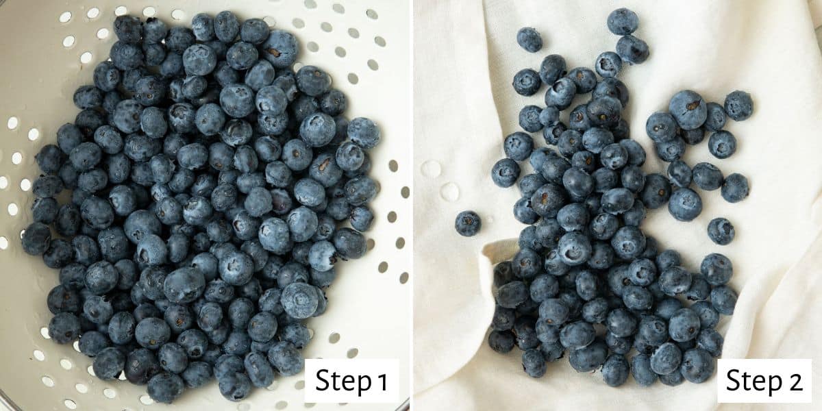 2-image collage of cleaning blueberries: 1 - Wet blueberries in colander; 2 - Blueberries on kitchen towel to dry.