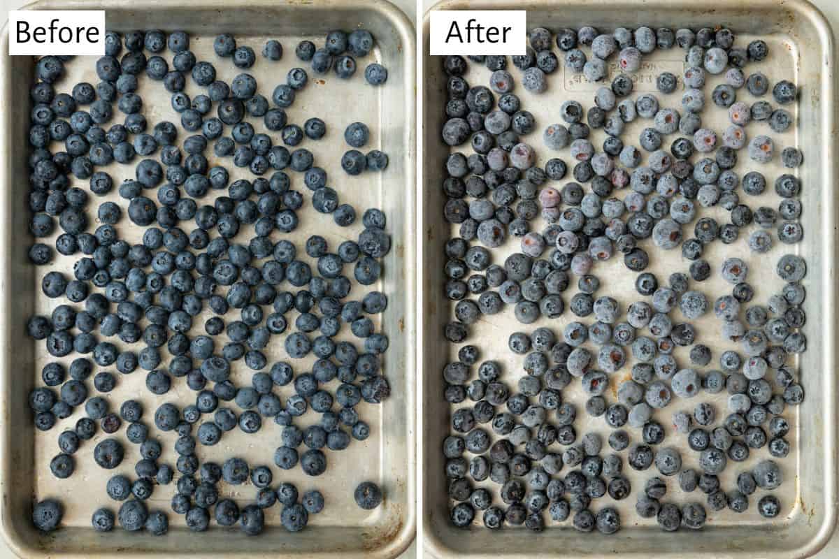 2-image collage of frozen blueberry trays: 1 - Blueberries on rimmed baking tray before freezing; 2 - Blueberries on tray after freezing.