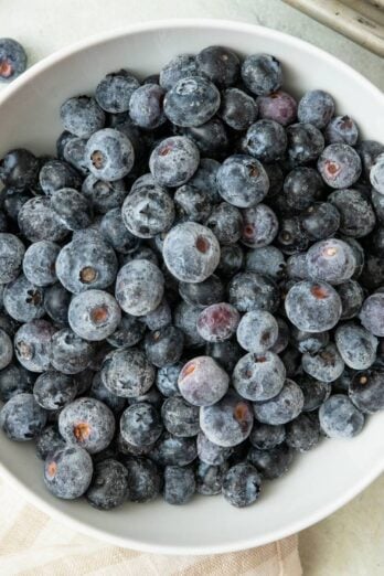 Small white bowl of frozen blueberries.
