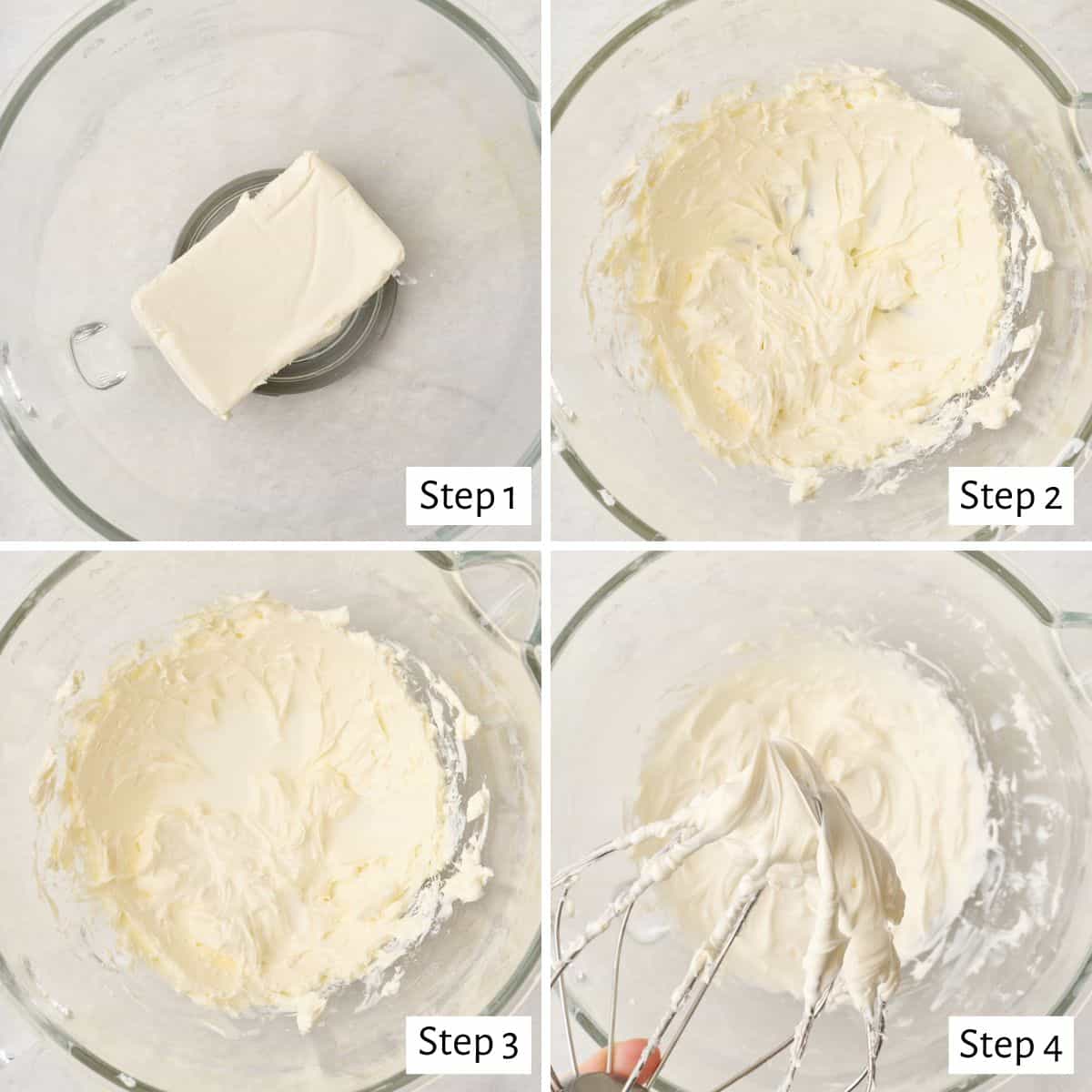 4-image collage of how to make whipped cream cheese: 1- Cream cheese in bowl; 2 - Cream cheese after beaten for 1 minute; 3 - Cream cheese with half of the milk added; 4 - Cream cheese with all the milk and the powdered sugar added and mixed showing on whisk.