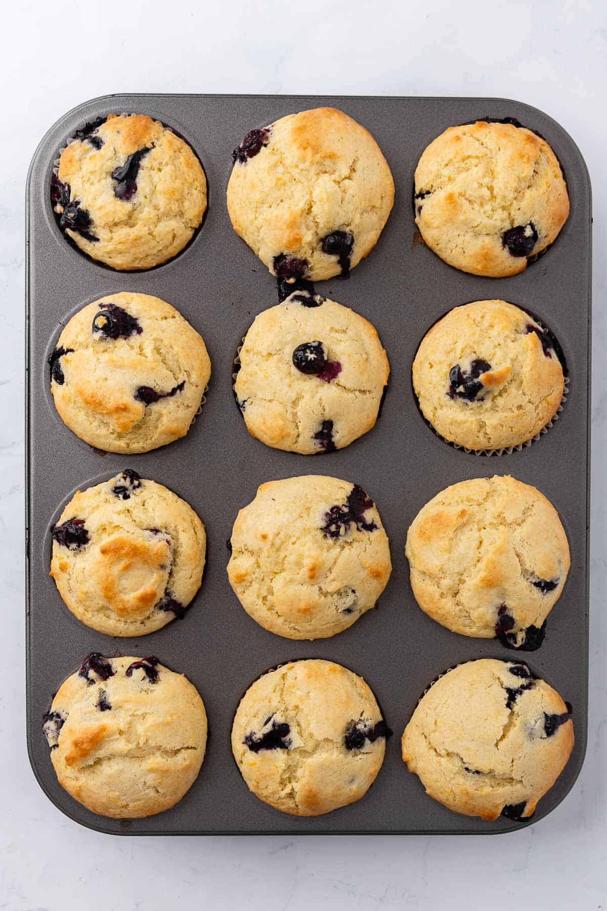 Baked Lemon Blueberry Muffins in a 12-cup muffin tin. 
