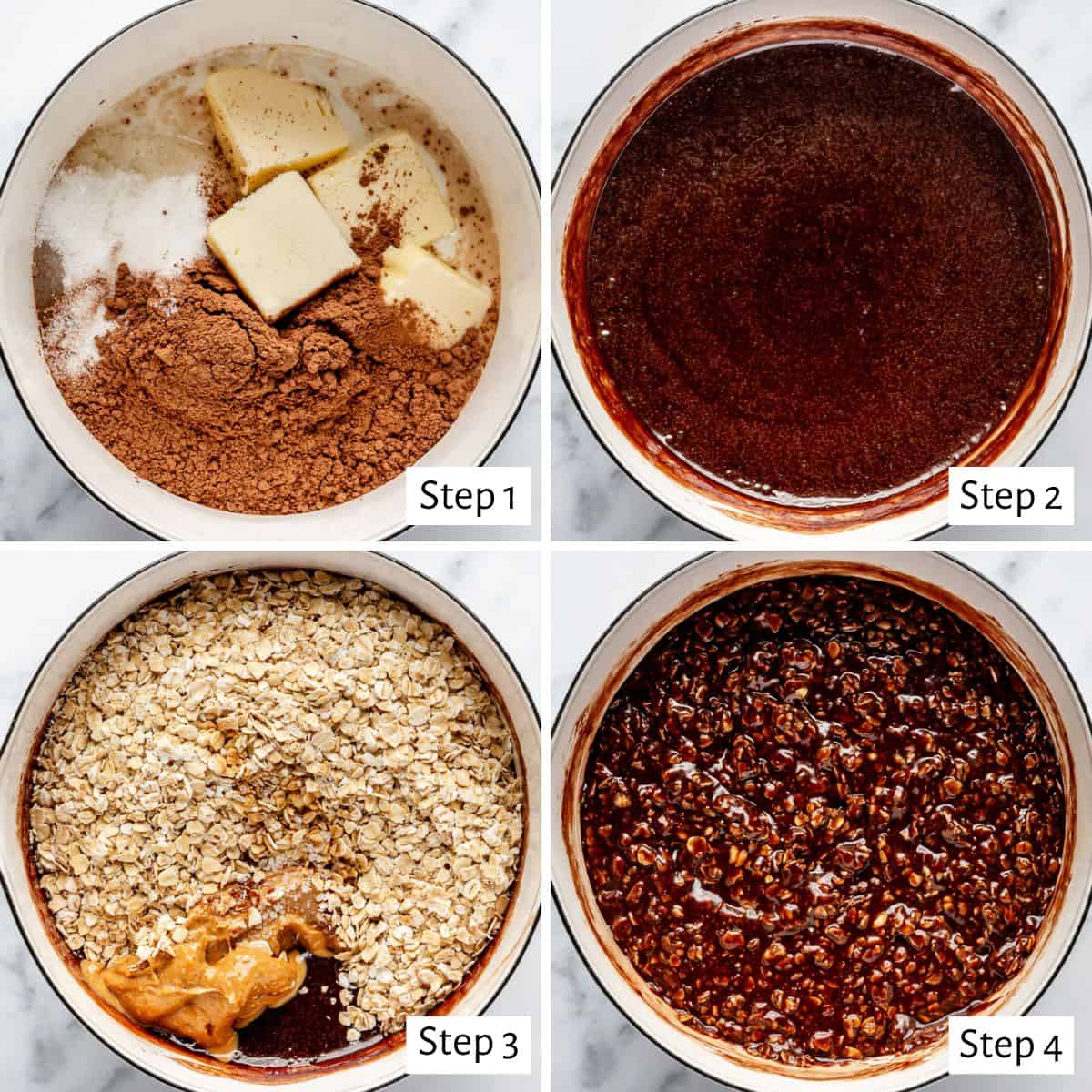 4-image collage making cookie dough: 1 - Sugar, milk, butter, and cocoa in a saucepan before combining; 2 - After boiling and combined; 3 - Oats, peanut butter, vanilla, and salt added; 4 - After stirring together to combine.