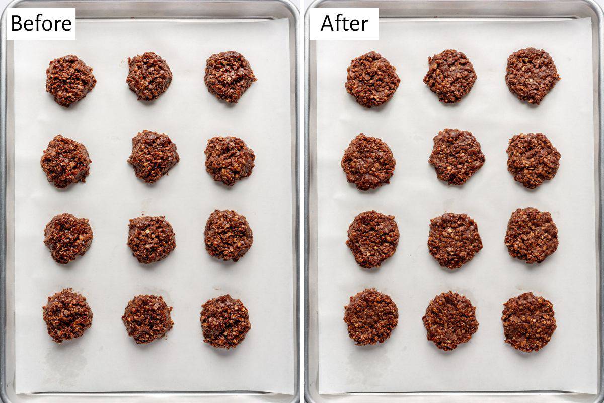 2-image collage of setting cookies: 1 - Cookies scooped onto a prepared sheet pan; 2 - After cookies are set and firm.