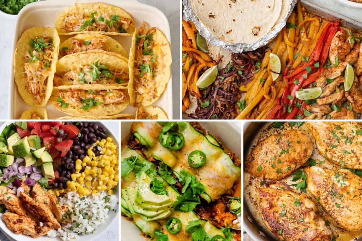 6 image collage of Mexican-style chicken recipes.