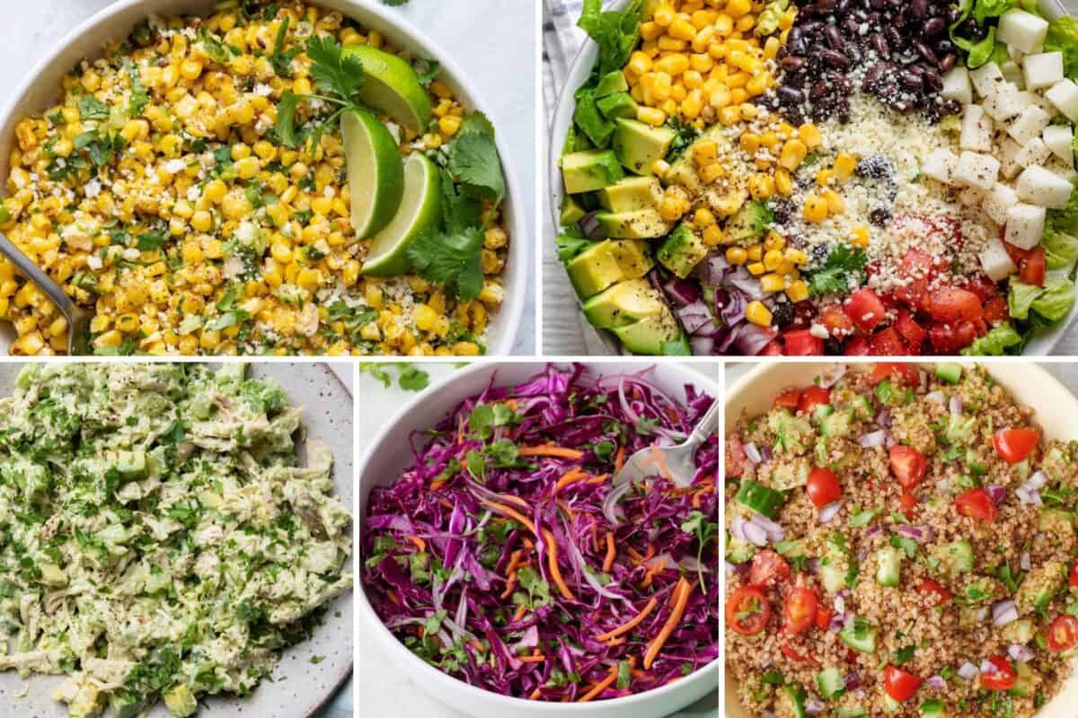 5 image collage of salads recipes for Cinco de mayo.