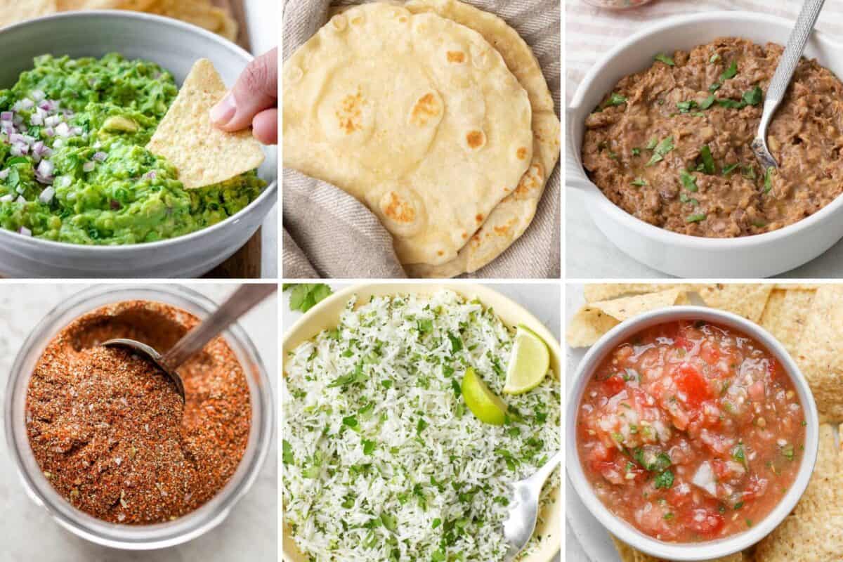 6 image collage of Cinco de mayo recipe staples.