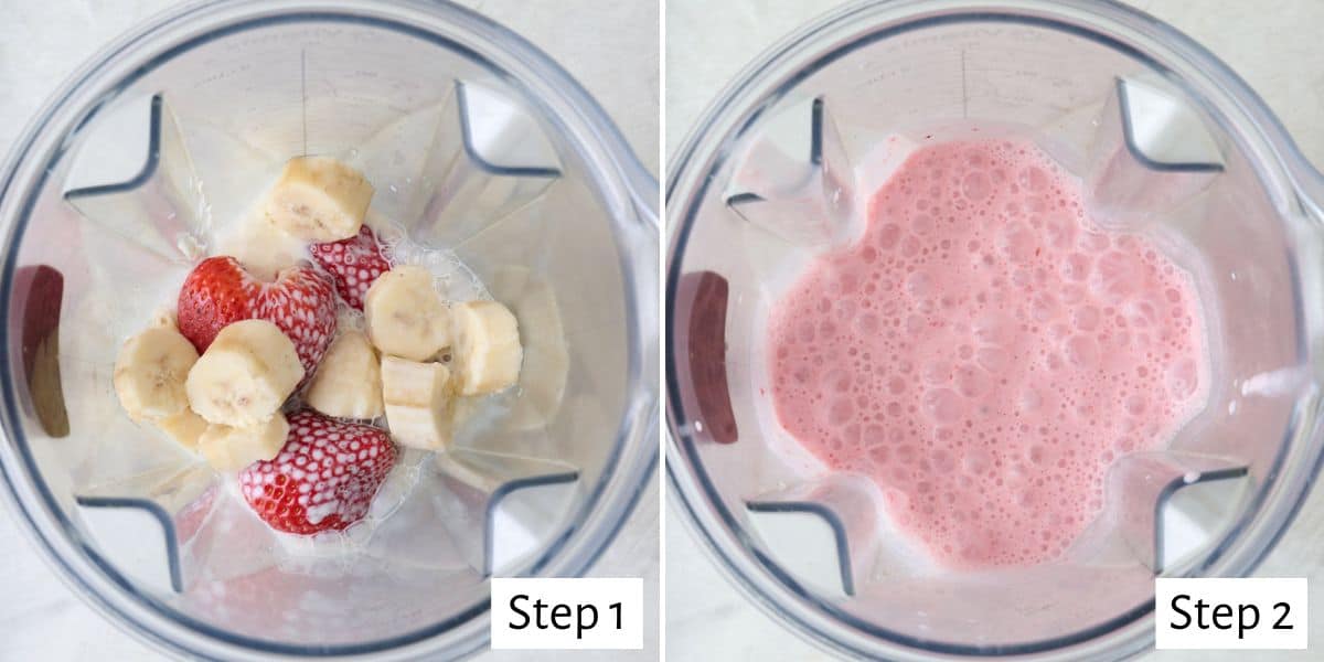 2 image collage of recipe ingredients in a blender before and after blending.