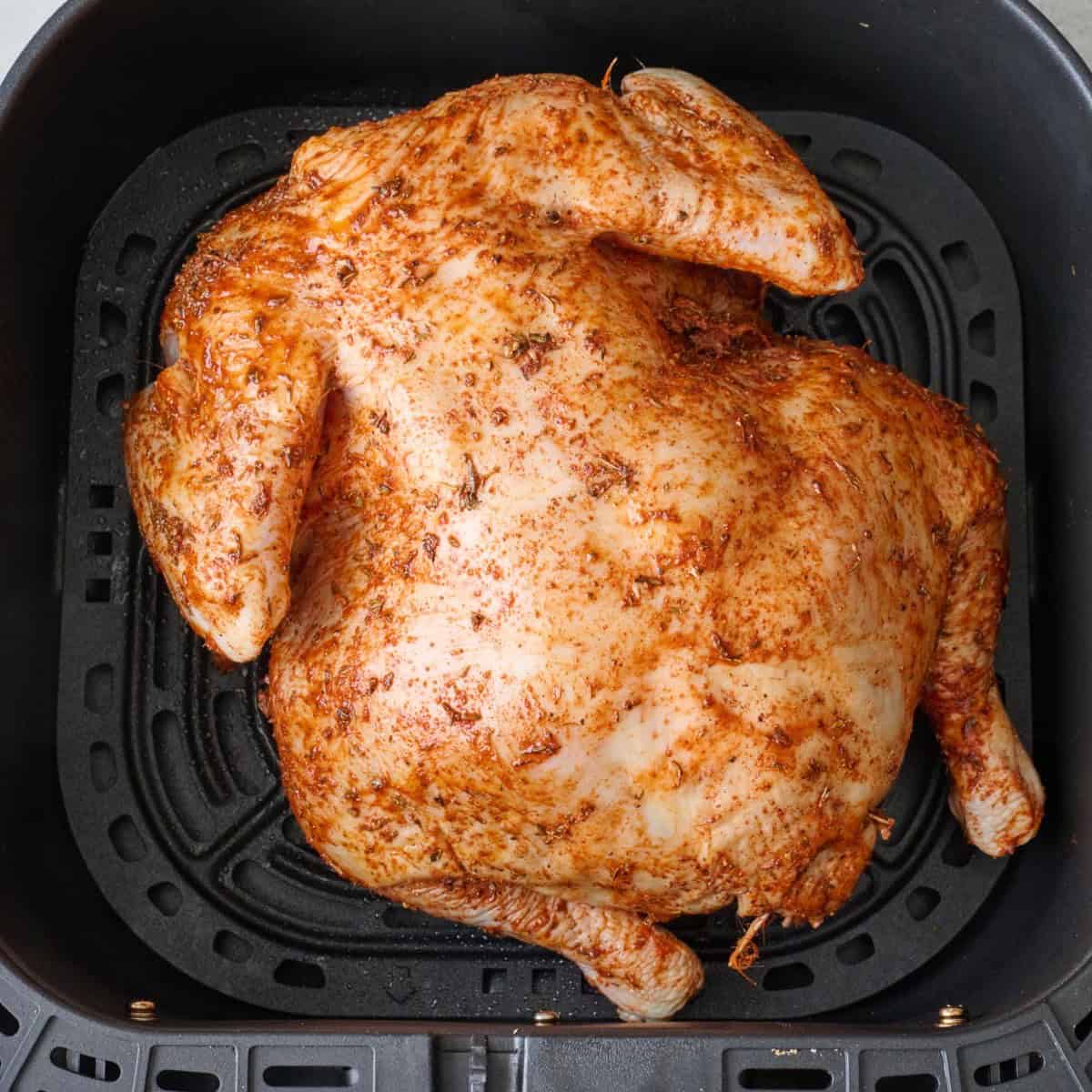 Whole chicken in air fryer before cooking.