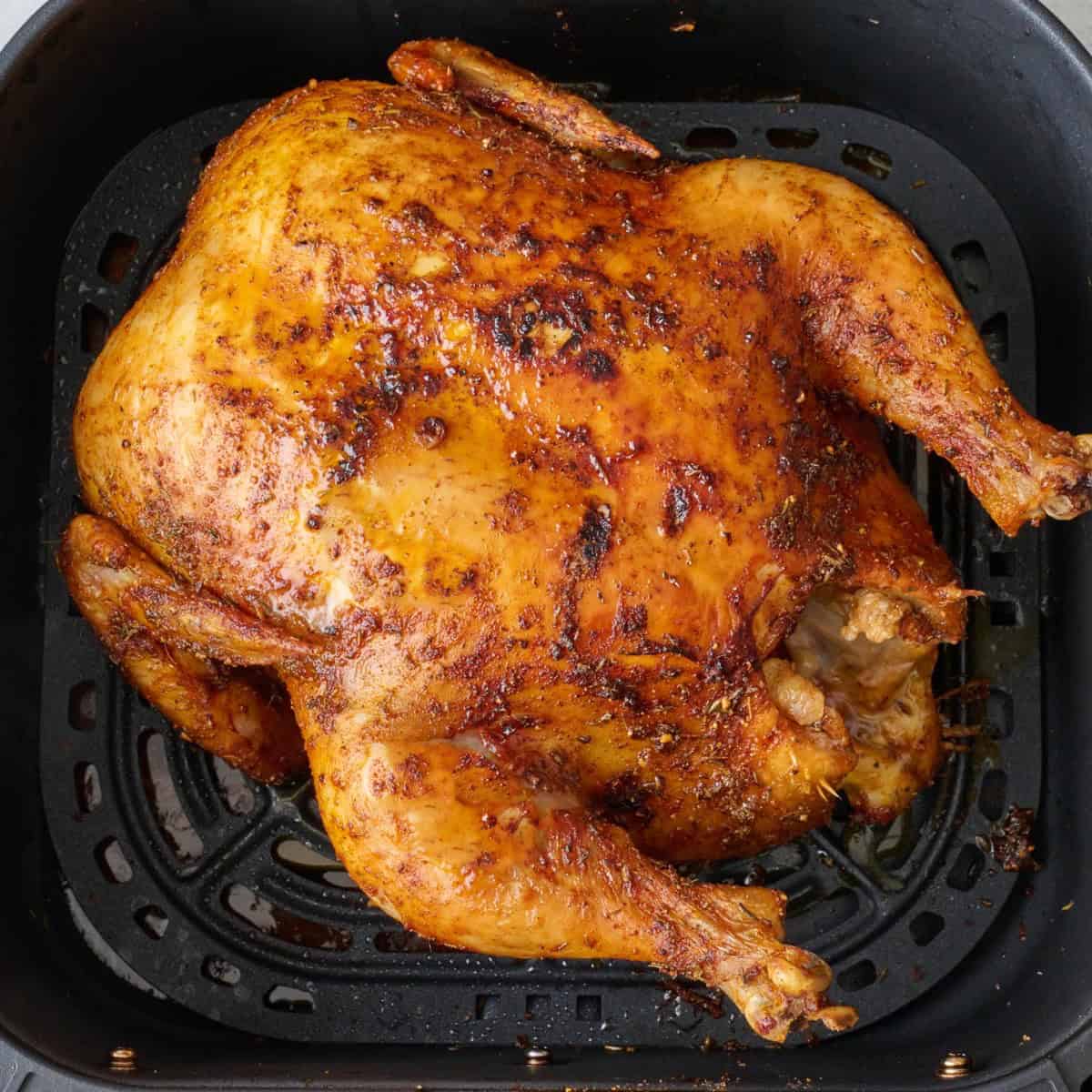 Whole chicken in air fryer after cooking.